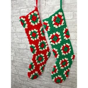 Vintage GRANNY SQUARE Christmas Stockings Crocheted Holiday Red White Green Pair